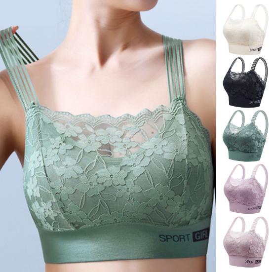 Women Elegant Bandeau Back Underwire Bra Anti Sagging Padded Wide Shoulder Straps Floral Lace Stitching Push Up Sport Breathable Brassiere Inner Wear
