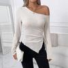 Женский свитер с расклешенными рукавами и открытыми плечами, асимметричный трикотажный топ в рубчик со шнуровкой