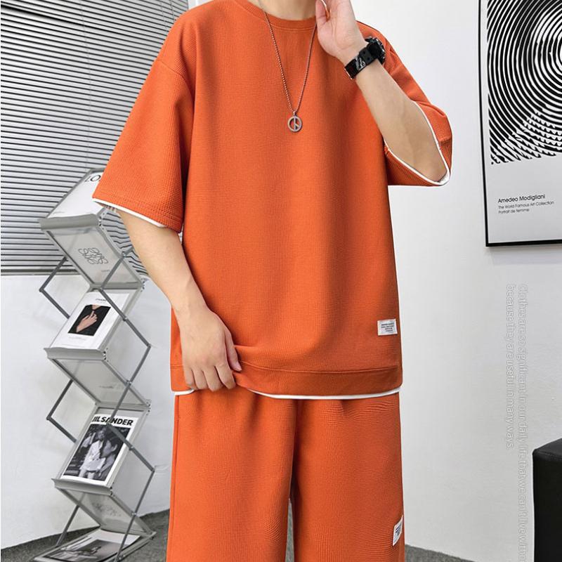 Костюм вафельный летний мужской с короткими рукавами футболка шорты тонкий