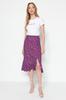 Women's Fashion Purple Printed High Waist Midi Stretchy Knitted Skirt with Gather Detail and Flounce