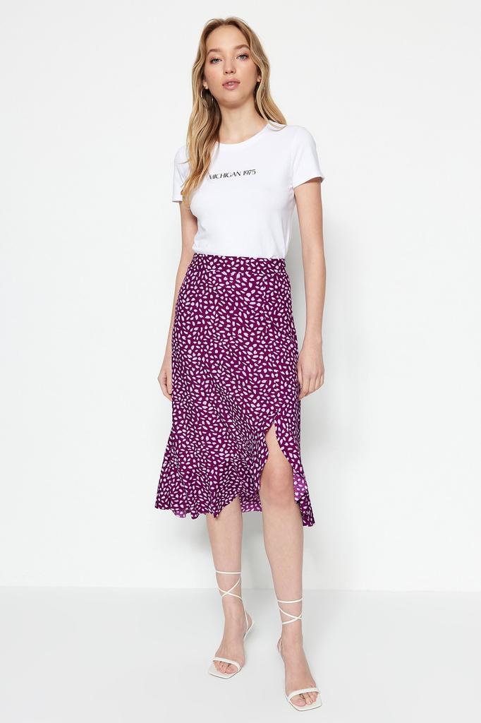 Women's Fashion Purple Printed High Waist Midi Stretchy Knitted Skirt with Gather Detail and Flounce