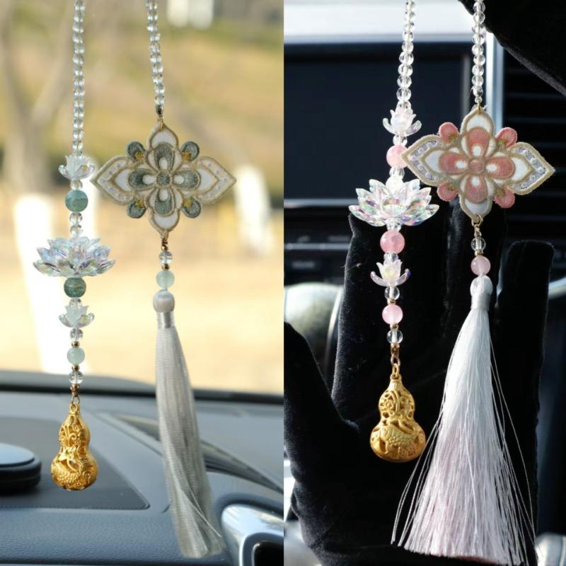 Embroidered Lotus Good Luck Gourd Tassel Car Hanging Ornament