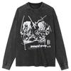 Streetwear Anime Cartoon  Graphic Washed Black T-Shirt Cotton Unisex Tops Tees Plus Size Long Sleeves T Shirt