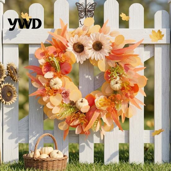 Decorative Wreath for Fireplace 20 Inch Fall Wreaths Front Door, Autumn Harvest Lightweight Indoor with Pumpkins, Sunflowers, Leaves Thanksgiving