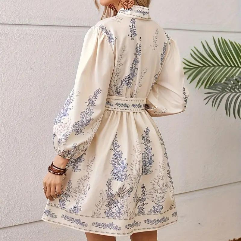 V-образный вырез модный принт талия длинный рукав платье для женщин