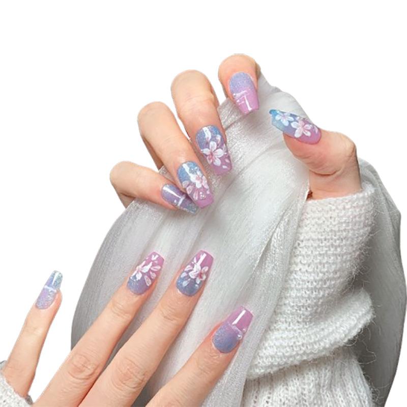 Women High‑Quality Boutique French‑Style Press‑On Nails Pure‑Handmade Short‑Ladder Cat‑Eye Hand‑Drawn Pure‑Desire False Nail Tips