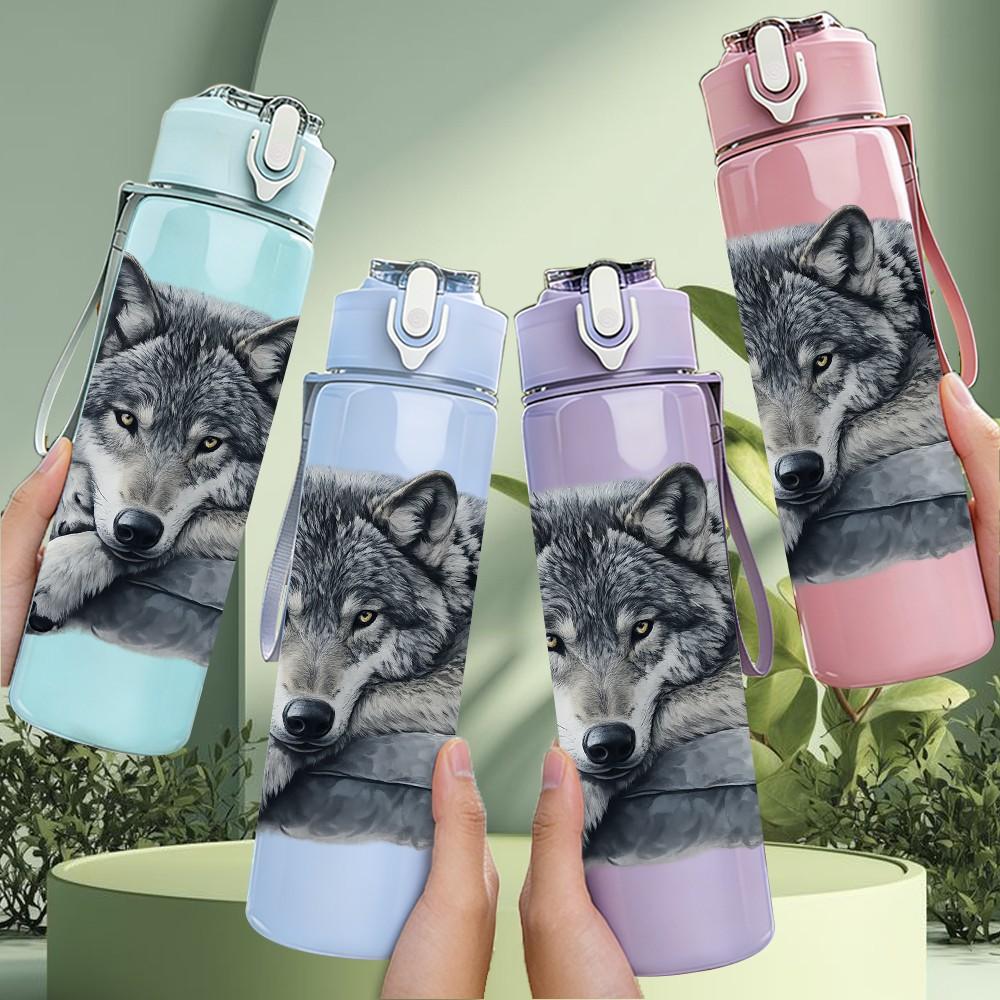 1PC Grey Wolf Wild Animal Portrait Print 750ml Color Plastic Sports Water Bottle Leakproof Flip Straw Lid Suitable for Sports Office Home Use