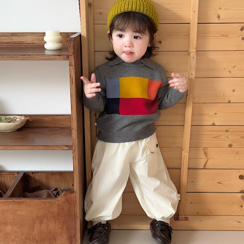 Baby Autumn Suit Retro Color Matching Lapel Sweater Plus Loose Wide-Leg Pants Infant Foreign Style Two-Piece Set
