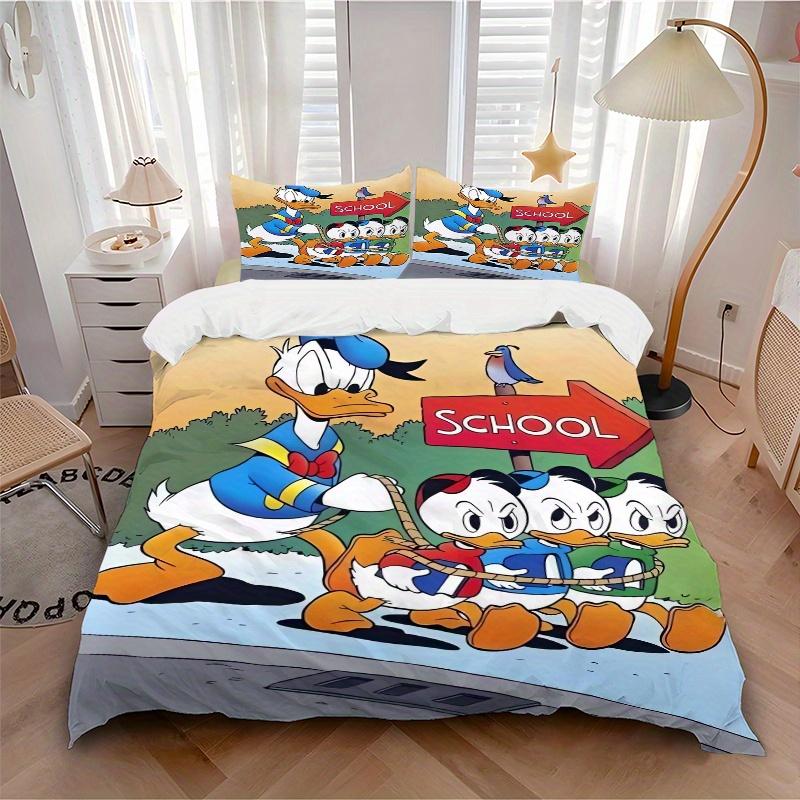 3pcs Cartoon Donald Duck Family Adventure Bedding Set, Including 1 Quilt Cover and 2 Pillow Shams, Without Filling, Soft and Comfortable Home Bed