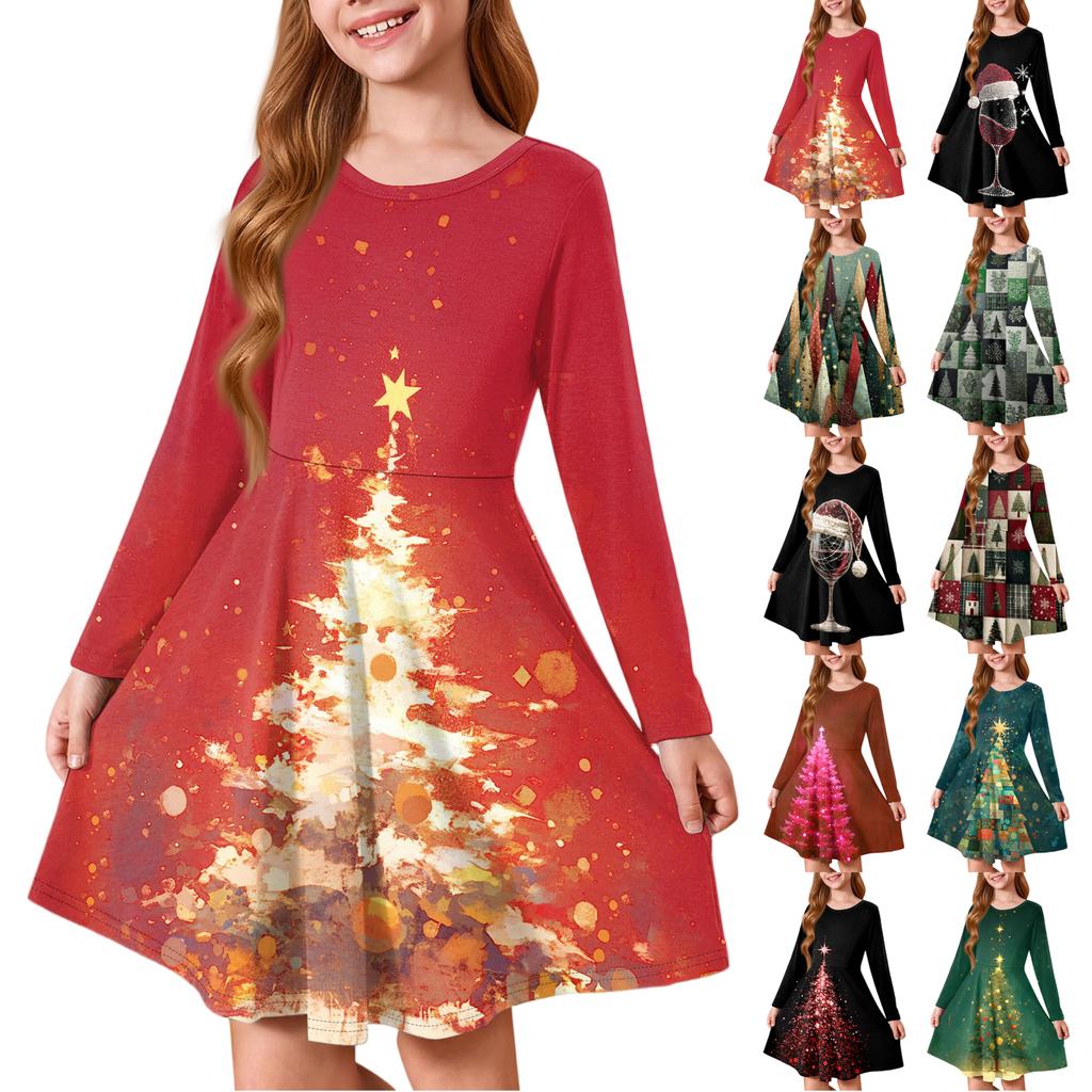 Girls' Princess Dress - Long Sleeve A-Line T-Shirt Dress Christmas Day