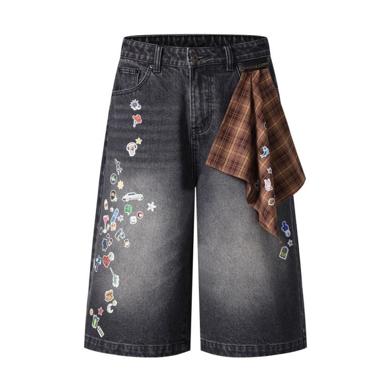 Vintage Plaid Denim Shorts Cartoon Print Wide Leg Distressed Streetwear Casual Pants