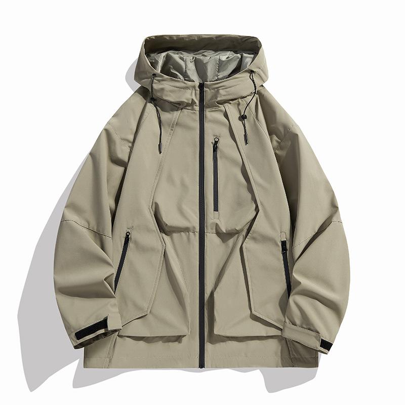 Spring Autumn Men's Windbreaker Jackets Korean Fashion Waterproof Windproof Outdoor Big Pockets Hooded Loose Coat