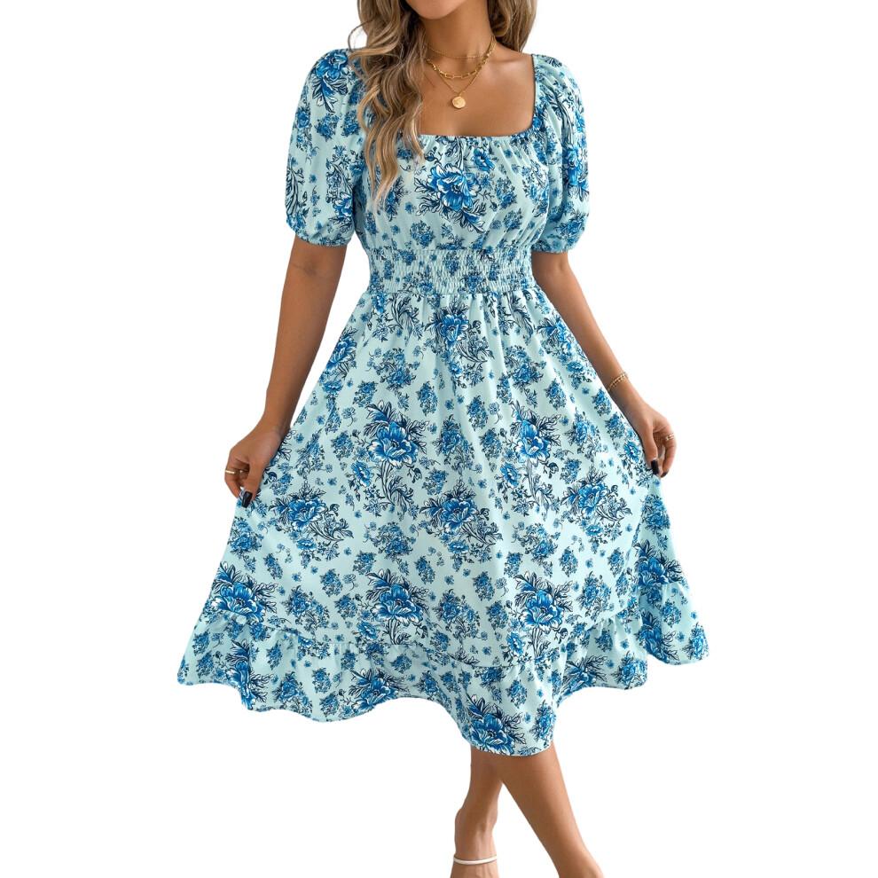 Women's Bohemian Square Neck Puff Sleeve Short Sleeve-Blue L