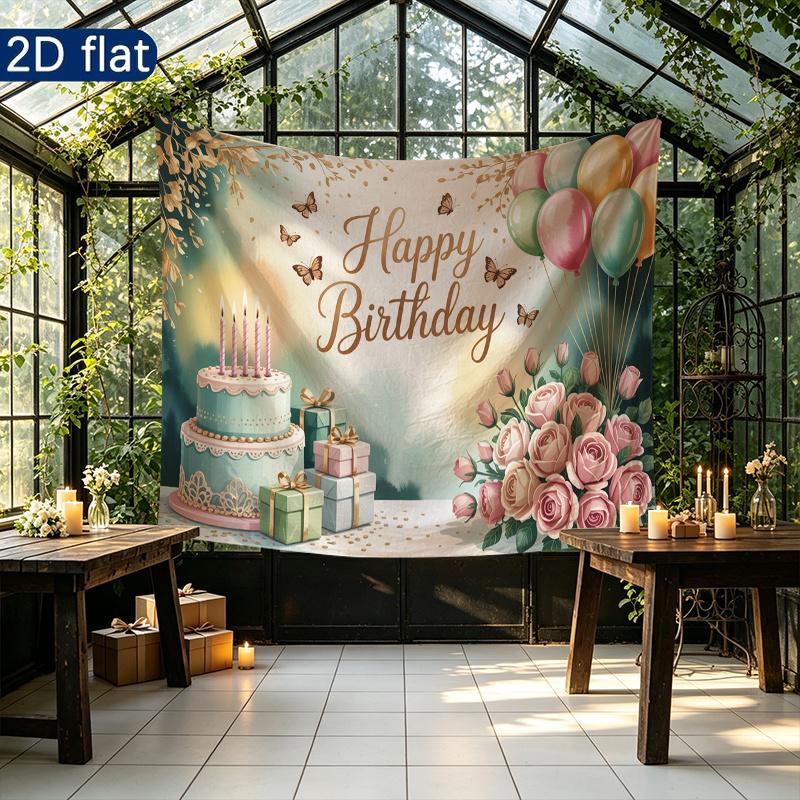 Party Banner Pink Roses Cake Gifts Birthday Backdrop, Polyester Wall Decor for Celebration & Photos