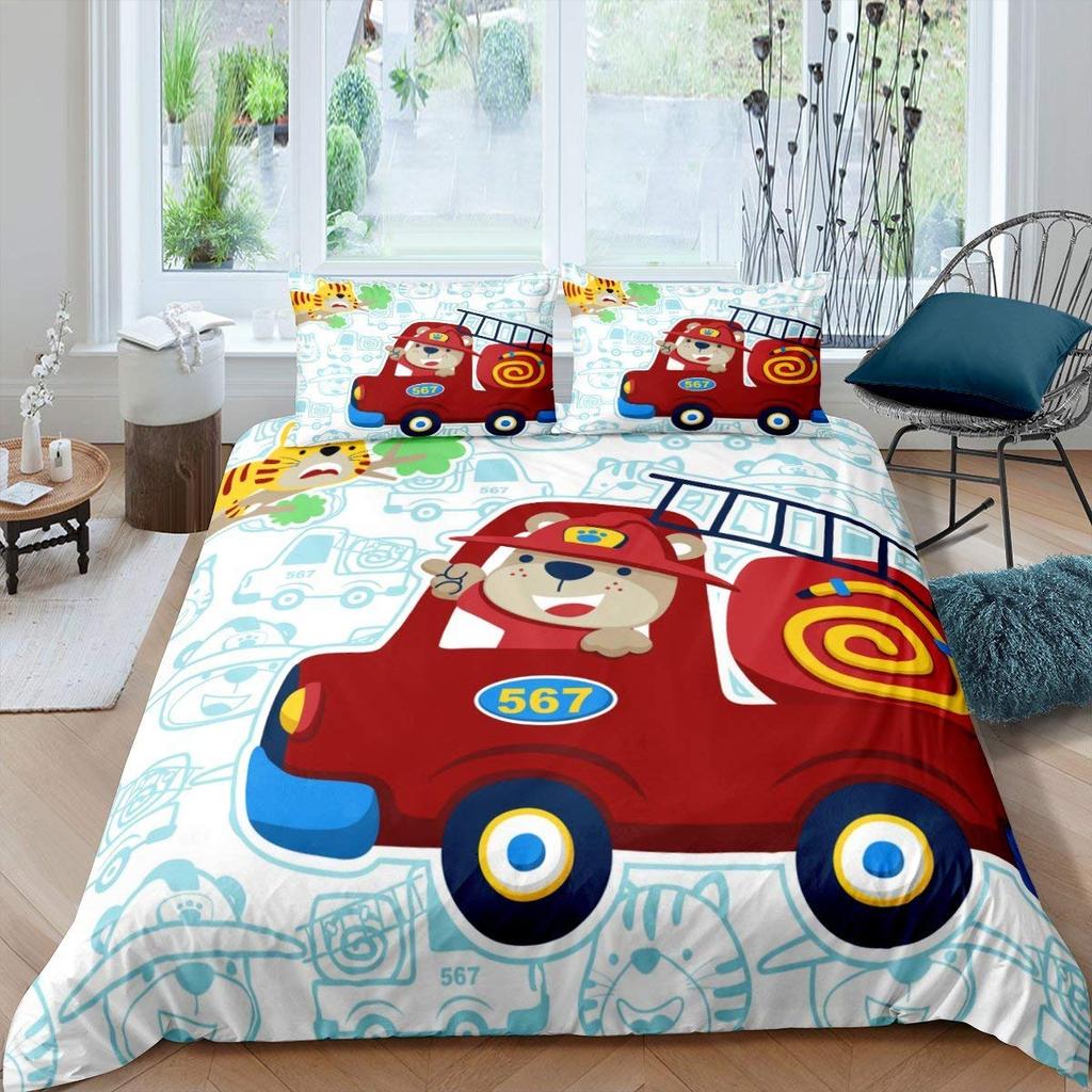 Firefighter Truck Duvet Cover King/Queen Size Red Firemen Car Bedding Set For Kids Boys Girls Fire Engine Polyester Quilt Cover