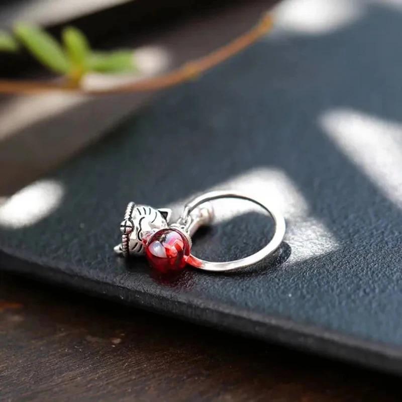 Японский и корейский модный новый серебряный ретро Lucky Cat Bell Открытие регулируемое кольцо женский подарок на указательный палец