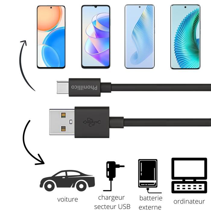 Lot 2 Cables 20cm USB-C Noir pour Honor 8 / Honor 9 / Honor 10 / Honor PLAY / Honor VIEW 10 Phonillico®