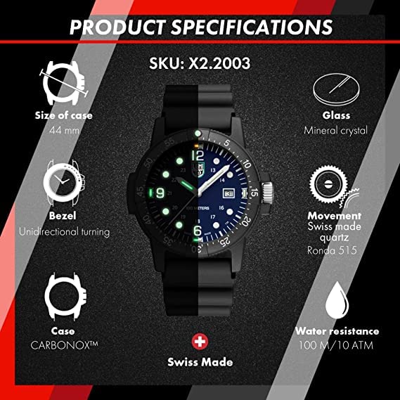 Часы Luminox LUMINOX Sea Bass Carbonox с зеленым логотипом, темно-синие, модель 44 мм, сделано в Швейцарии, X2.2003 [продукт]