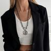 Retro Western Layered Necklace For Women Tribal Engraved Oval Pendant Brown Faux Leather Suede Long Necklaces Festival Jewelry