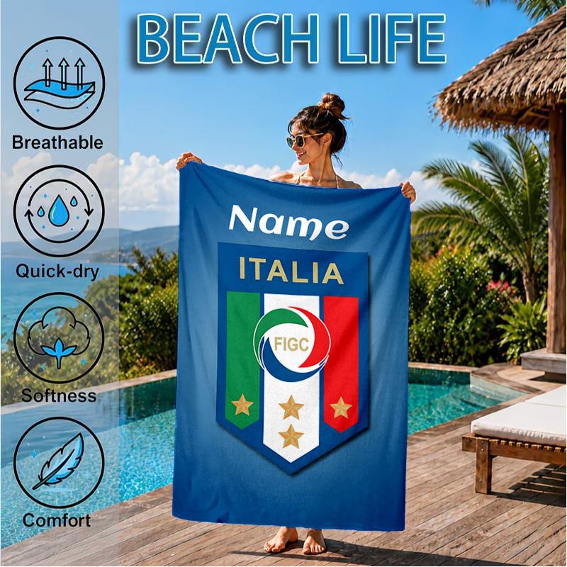 Custom Name Beach Towel Italian Football Crest Microfiber Beach Towel, Lightweight for Summer Travel, Swimming Pool Fan Birthday Gift