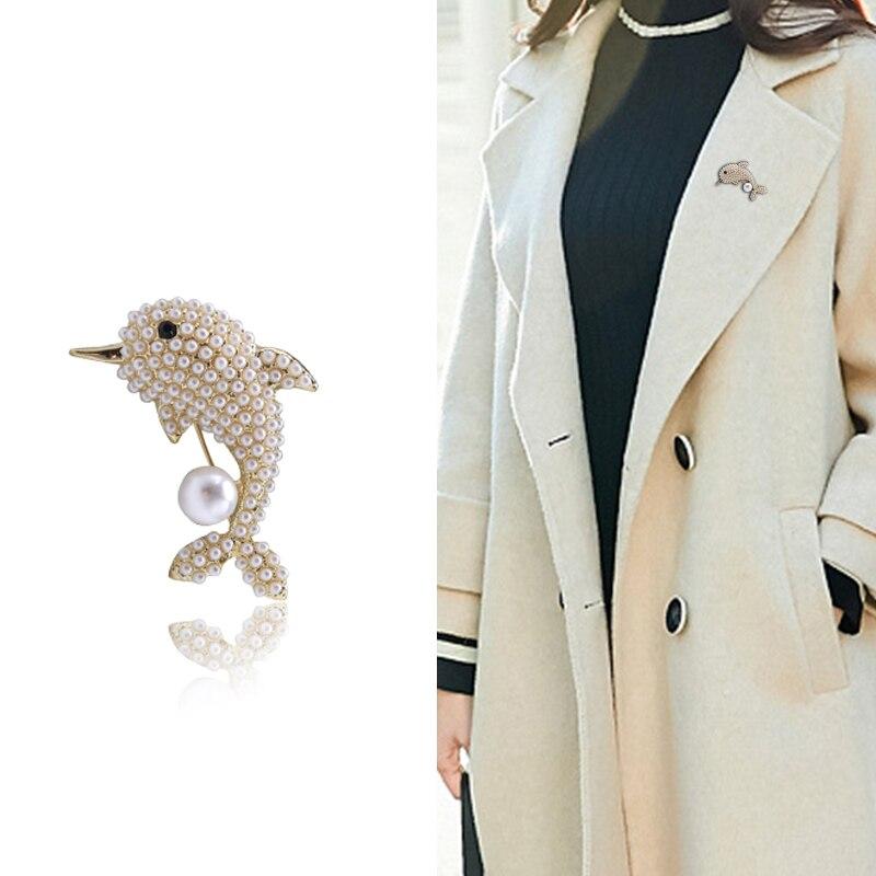 Blucome Lively Pearl Dolphin Shape Yellow Enamel Brooches For Women Kids Coat Collar Scarf Clothes Pins Accessories