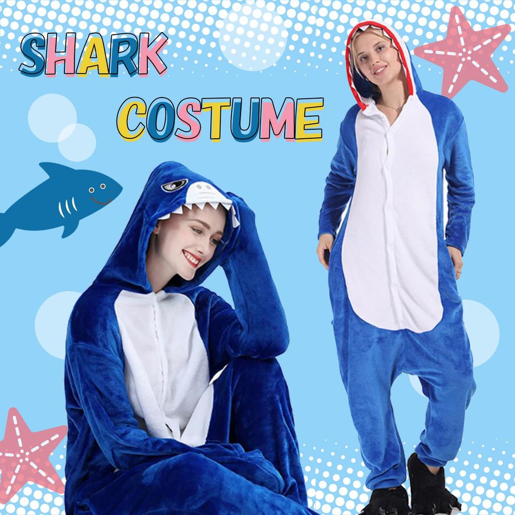 Sac Taske Shark Kigurumi Pajamas for Adults, Halloween Cosplay Costume (Blue)