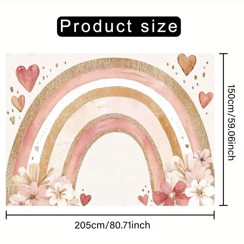 2D Blush Pink Gold Glitter Rainbow Backdrop with Flowers and Hearts Photography Background