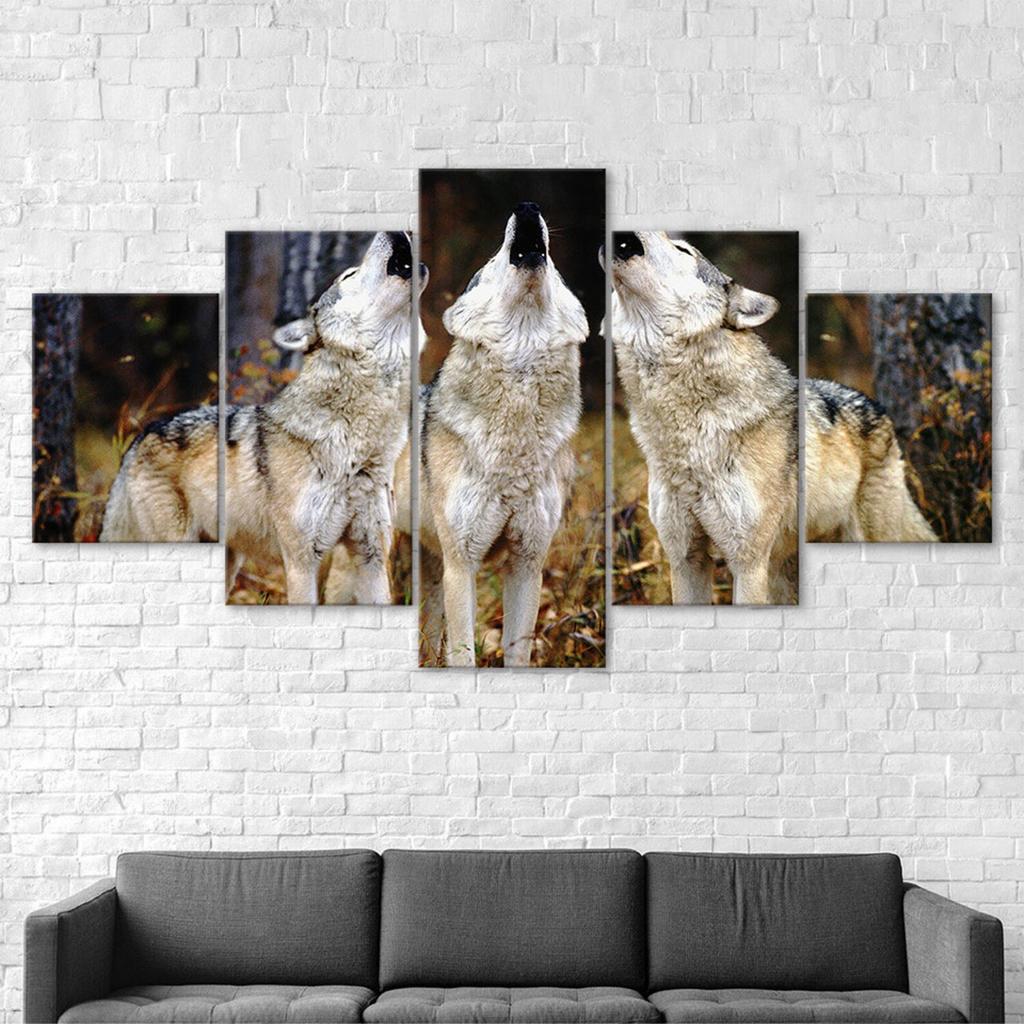 Wolf Pack Howling 5 Piece Five Panel Wall Canvas Print Modern Poster Pictures Home Decor Gift For Him For Her