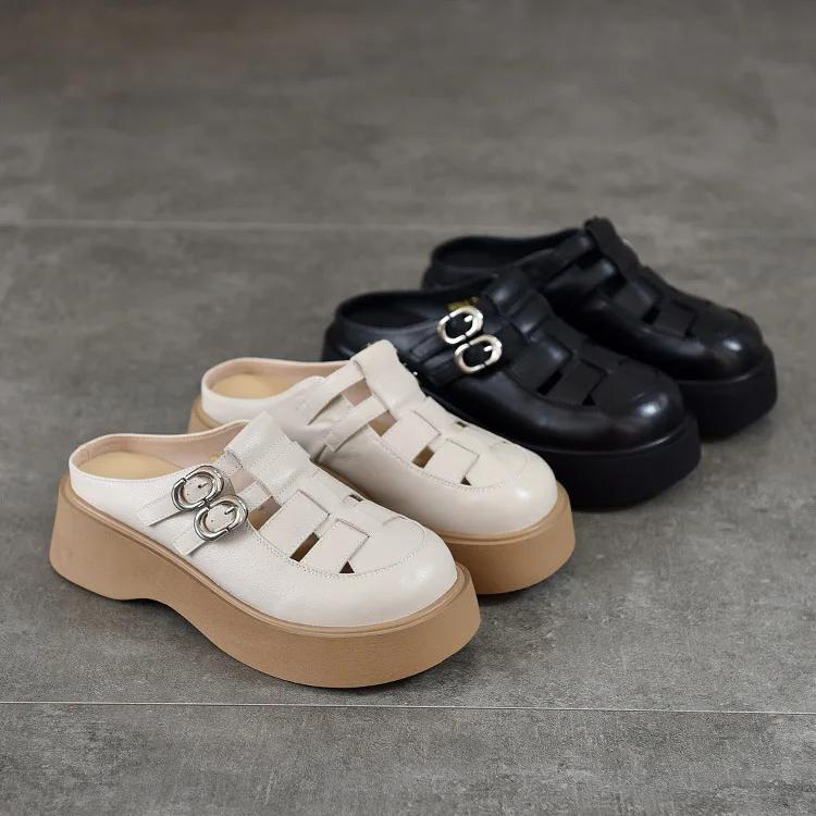 Johnature Женские уличные тапочки с круглым носком и полыми отверстиями, легкие сандалии из натуральной кожи на толстой подошве