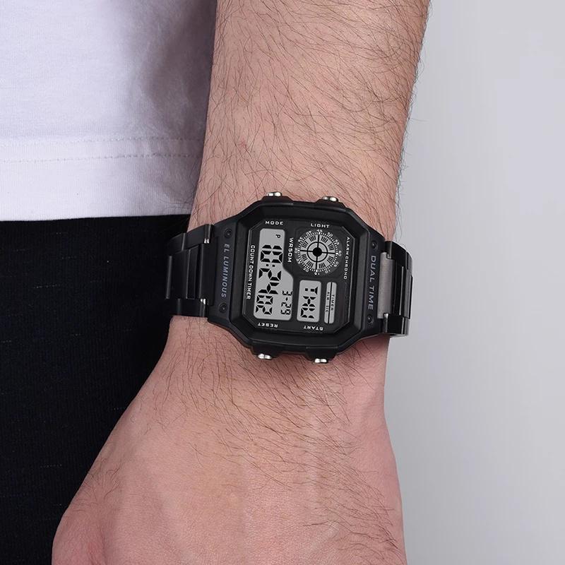 Наручные часы из нержавеющей стали, мужские цифровые спортивные часы с квадратным лицом и будильником, секундомер
