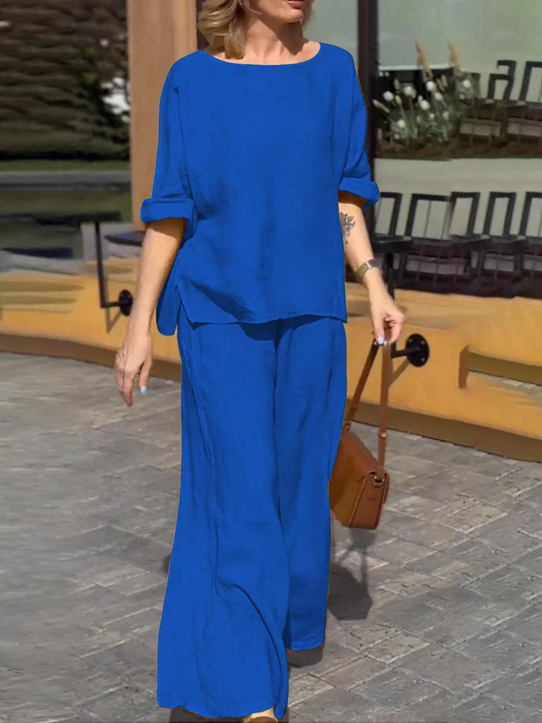 2024 Women's Summer Cotton & Linen Solid Color Casual Suit with Loose Trousers