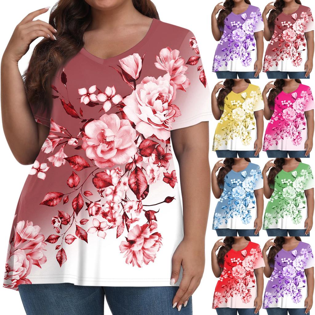 Womens Plus Size Tops Short Shirts V Neck Casual Clothing 3D Printed Tops T-Shirts