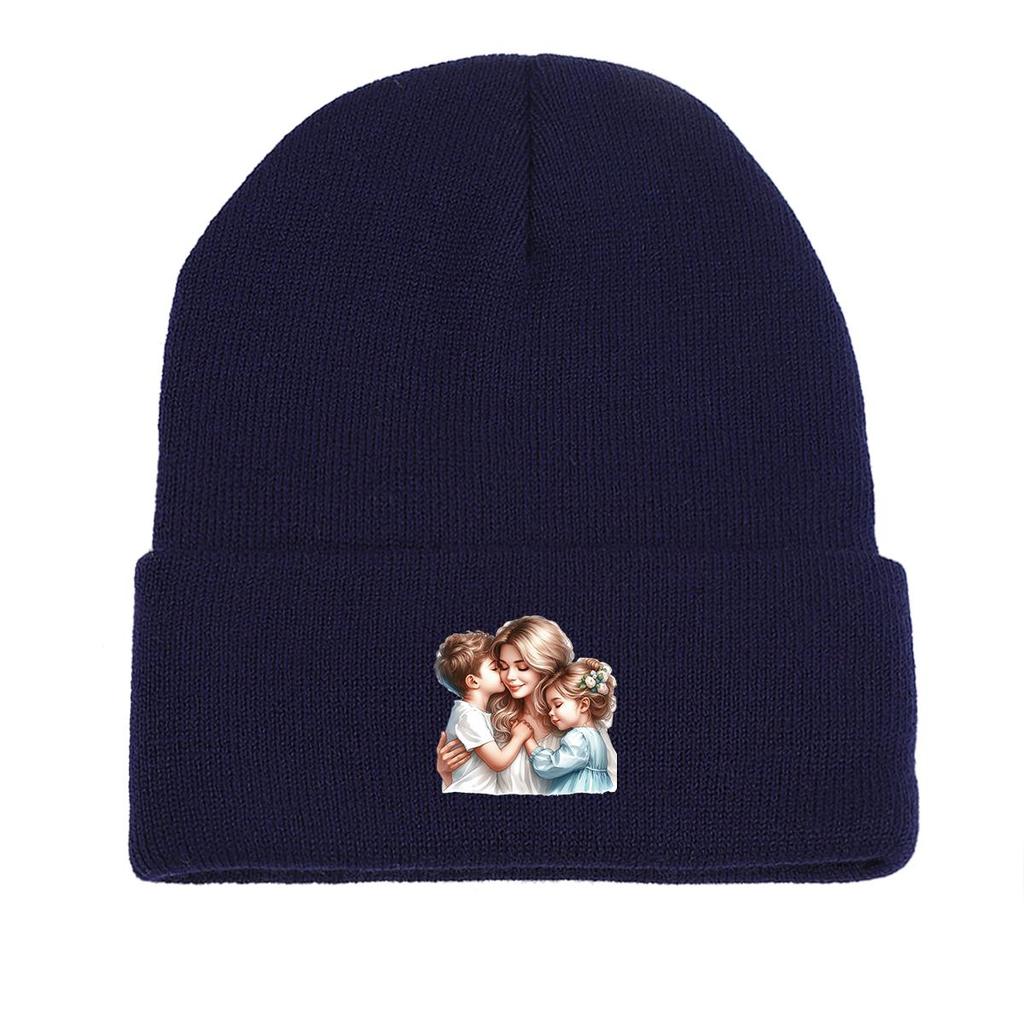Mother Family Print Knit Hat Beanie, Man Cap Winter Fit Headwear Headwear Knitted Cap Beanie