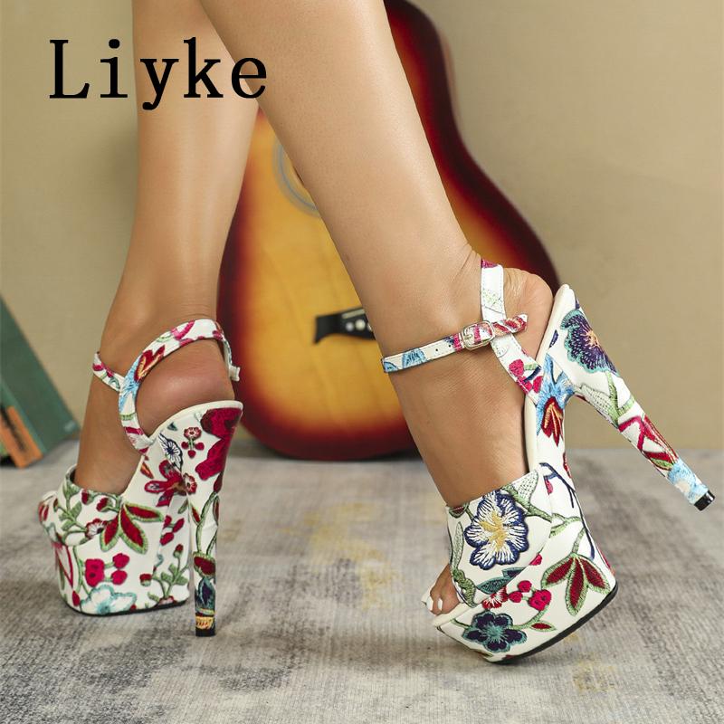 Fashion Liyke Brand Design Flowers Print Leather Platform Sandals Women Sexy Peep Toe 13CM Super High Heels Stiletto Party Banquet Shoes