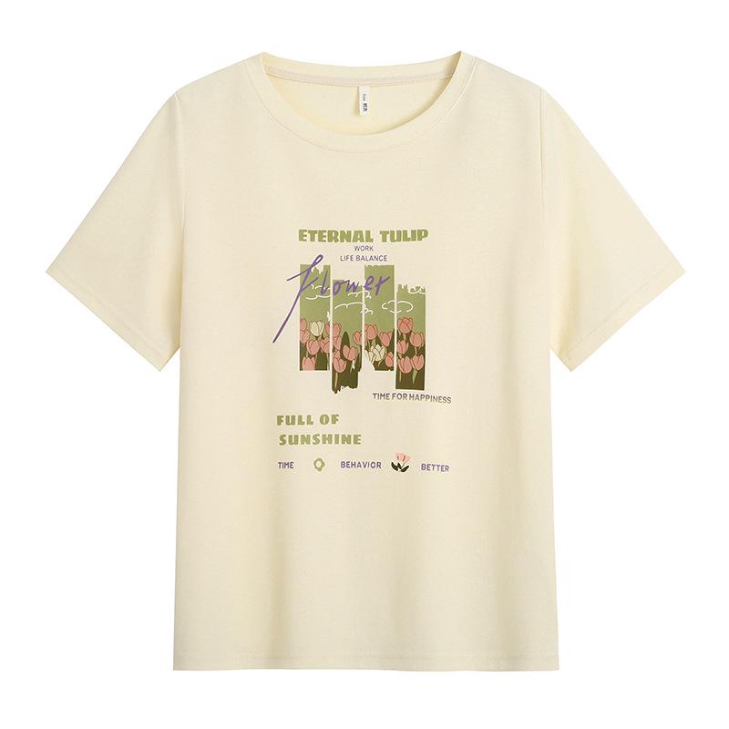 Plus Size Tulip Print Short Sleeve Loose Round Neck T-shirt for Women