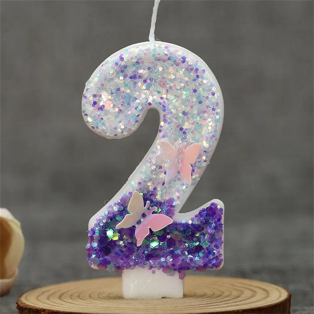 1 шт. Фиолетовая блестящая свеча на тему бабочки, цифры от 0 до 9, топпер для торта, свадебный декор, вечеринка по случаю дня рождения ребенка, декор для девочки