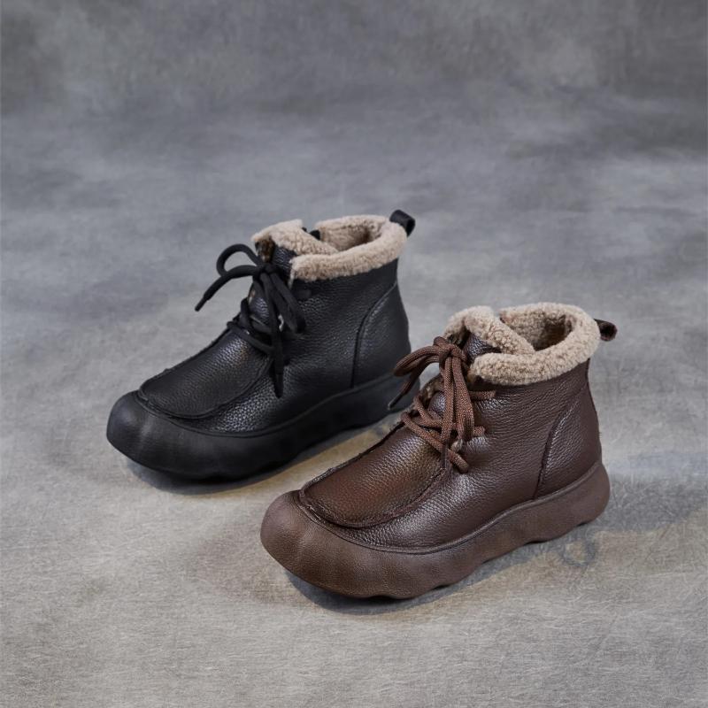 Johnature Retro Genuine Leather Plush Warm Women's Short Boots Soft Soled Round Toe Versatile Cotton Shoes