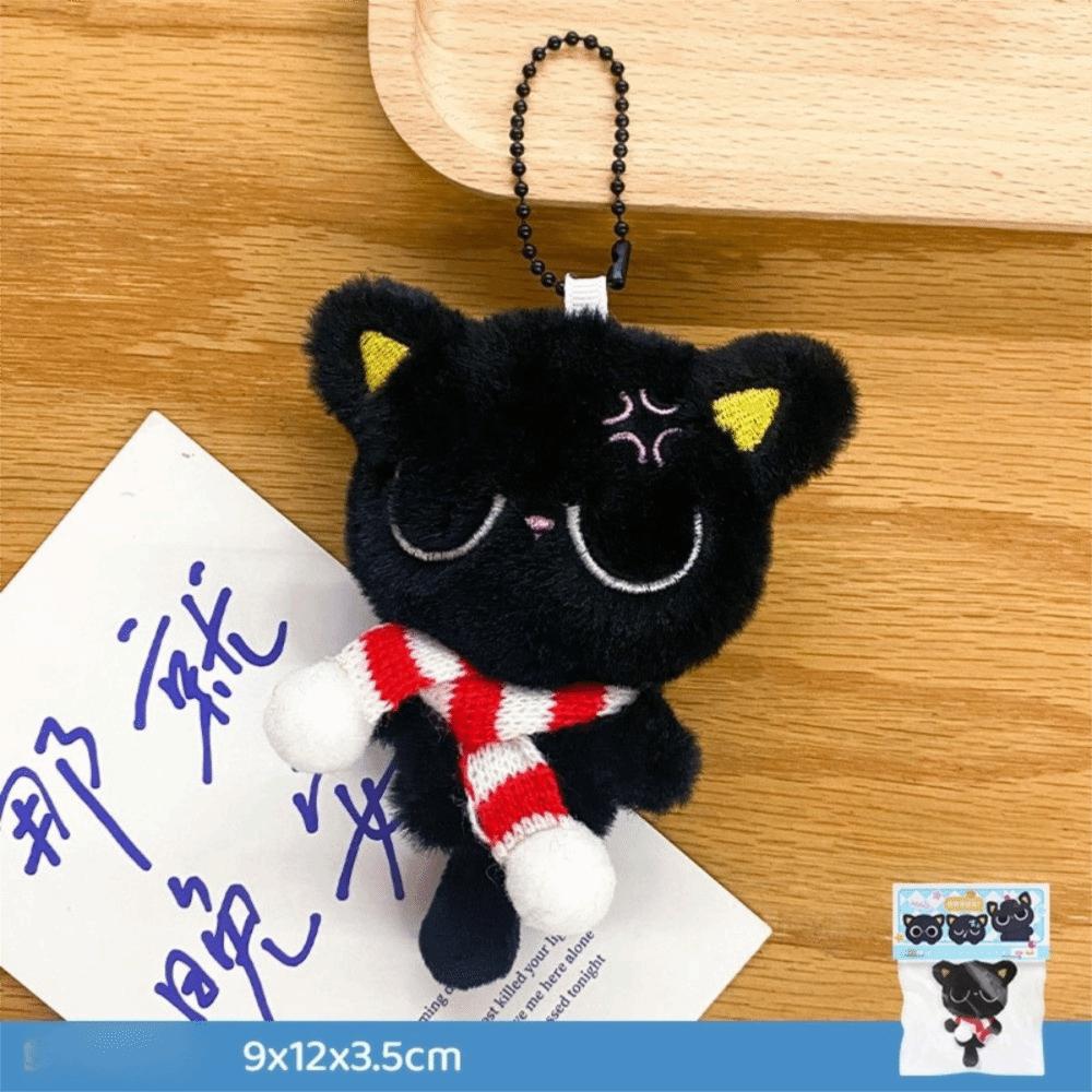 Stripe Scarf Black Cat Plush Keychain Soft Car Key Ring Doll Bag Pendant  School Bag Decoration