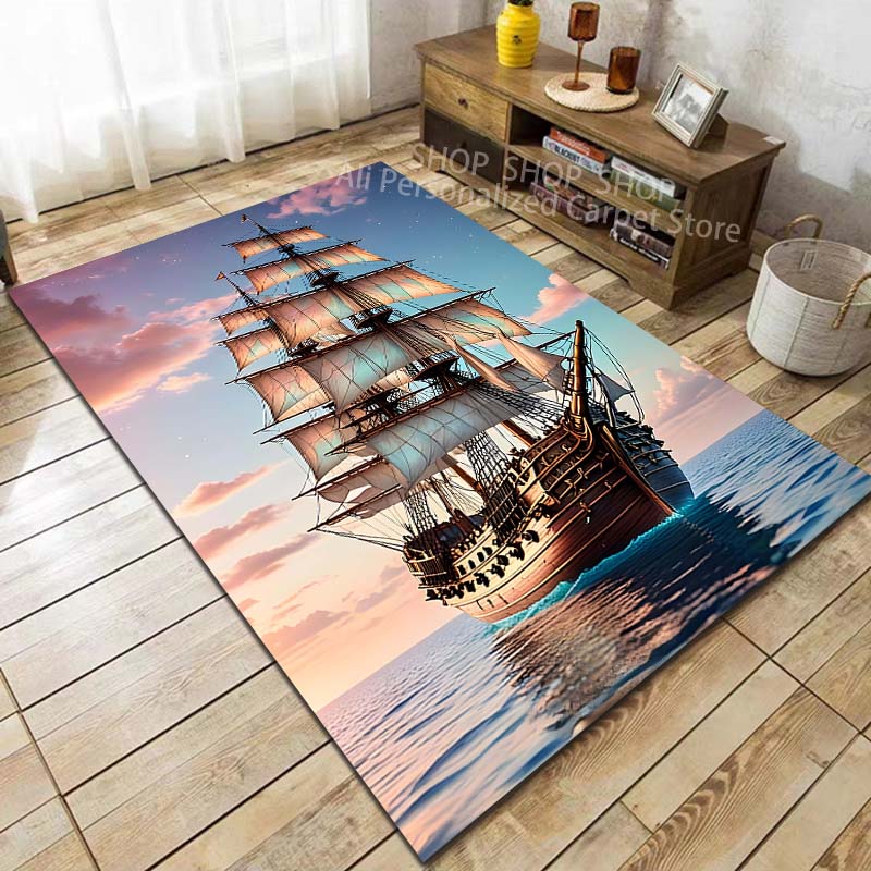 Medieval Sailing Ships At Sea Pattern Carpet for Living Room Bedroom Sofa Home Decor Non-slip Floor Mat Large Size Outdoor Rug