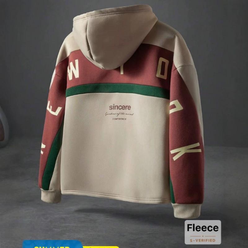 Mens Color Block Hooded Sweatshirt Sincere Letter Print Loose Fleece Lined Streetwear Teens