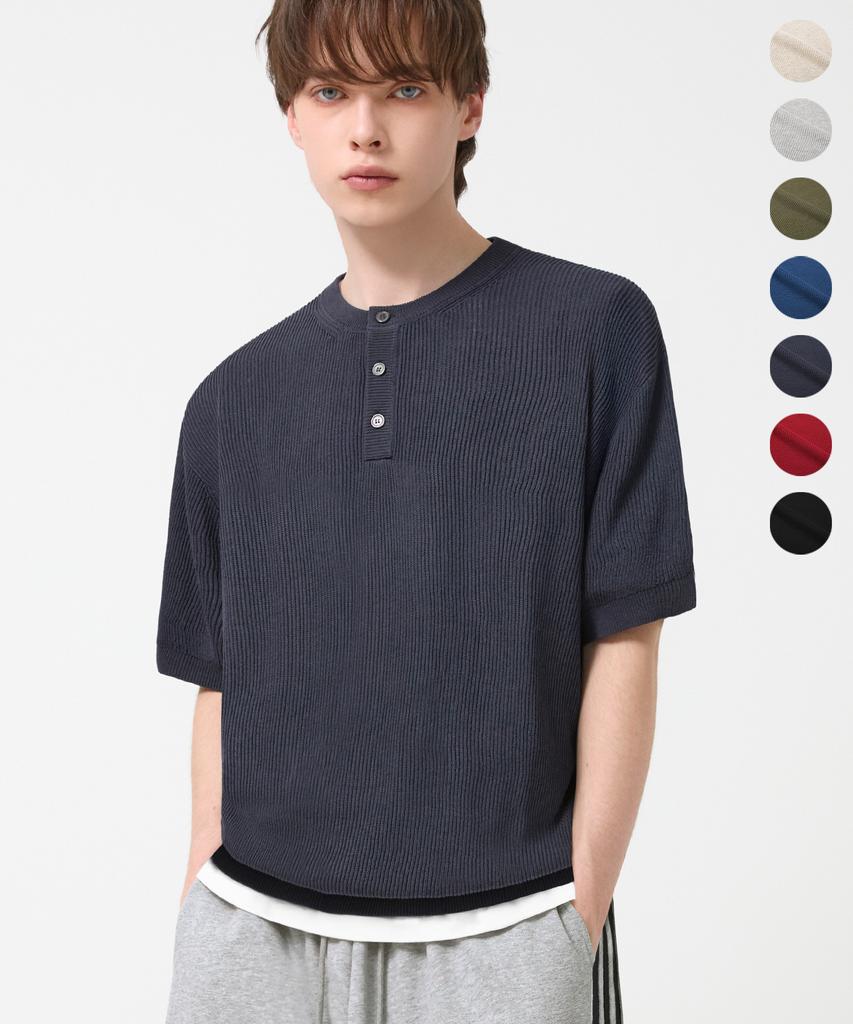 TRILLION Washable Linen Crop Henley Neck Short Sleeve Knit_7Color (C Type)