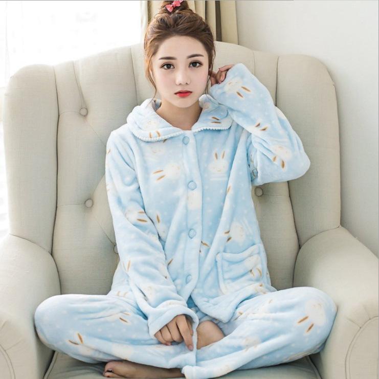 Winter Coral Fleece Thickened Warm Women's Pajamas Spring and Autumn Cute Student Long-sleeved Flannel Home Service Suit