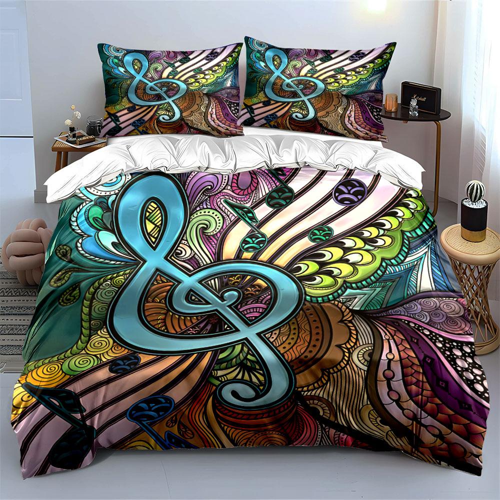 Colorful Music Note Pattern Design Bedding Duvet Cover Set Duvet Cover Pillowcases (1*Duvet Cover 2*Pillowcases, without duvet insert)