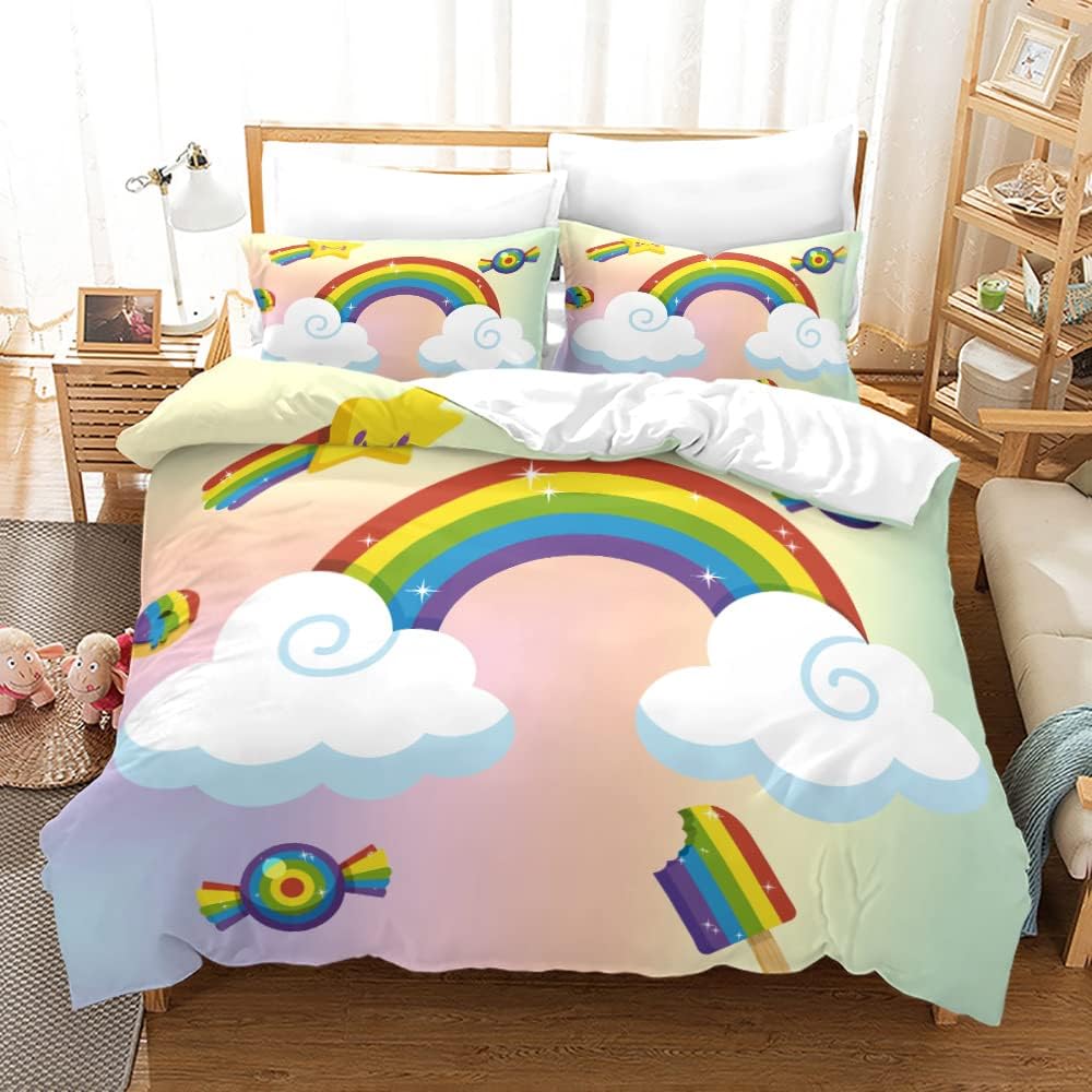 Rainbow Duvet Cover Twin Queen Kawaii Clouds Star Dream Castle Print Comforter Cover Microfiber Cartoon Bedding Set For Boy Girl