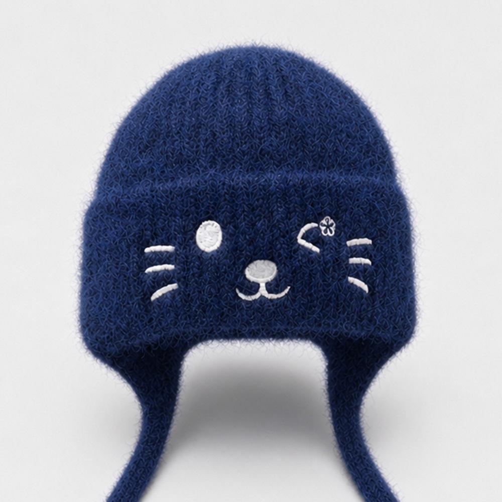 Knitted hat autumn and winter warm ear protection wool hat cat embroidered lace-up headgear cute versatile cold hat