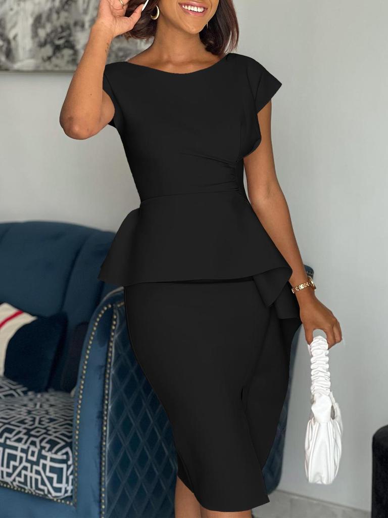 D3233 2023 Новое женское платье-футляр большого размера в европейском и американском стиле с круглым вырезом, однотонное, с короткими рукавами и разрезом