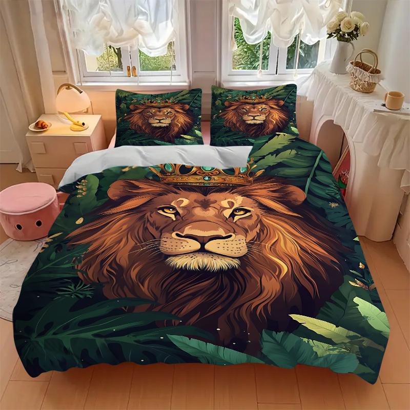 3Pcs Royal Lion Jungle Bedding Set Soft Fabric Duvet Cover Pillowcases Home Christmas Xmas Halloween Gift 1 Duvet Cover 2 Pillowcase G1266