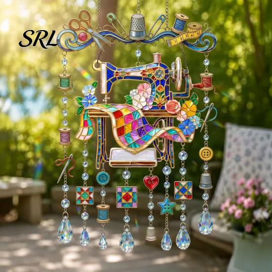 Decorative Pendant for Craft Room Vintage Sewing Machine Crystal Wind Chime, Acrylic Outdoor Hanging Suncatcher, Light Reflecting Window Prism
