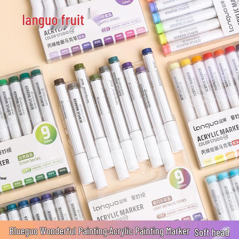 Blue Fruit M510 Soft Head Acrylic Marker Pen Set - 9 Colors for Art, Painting, and Graffiti