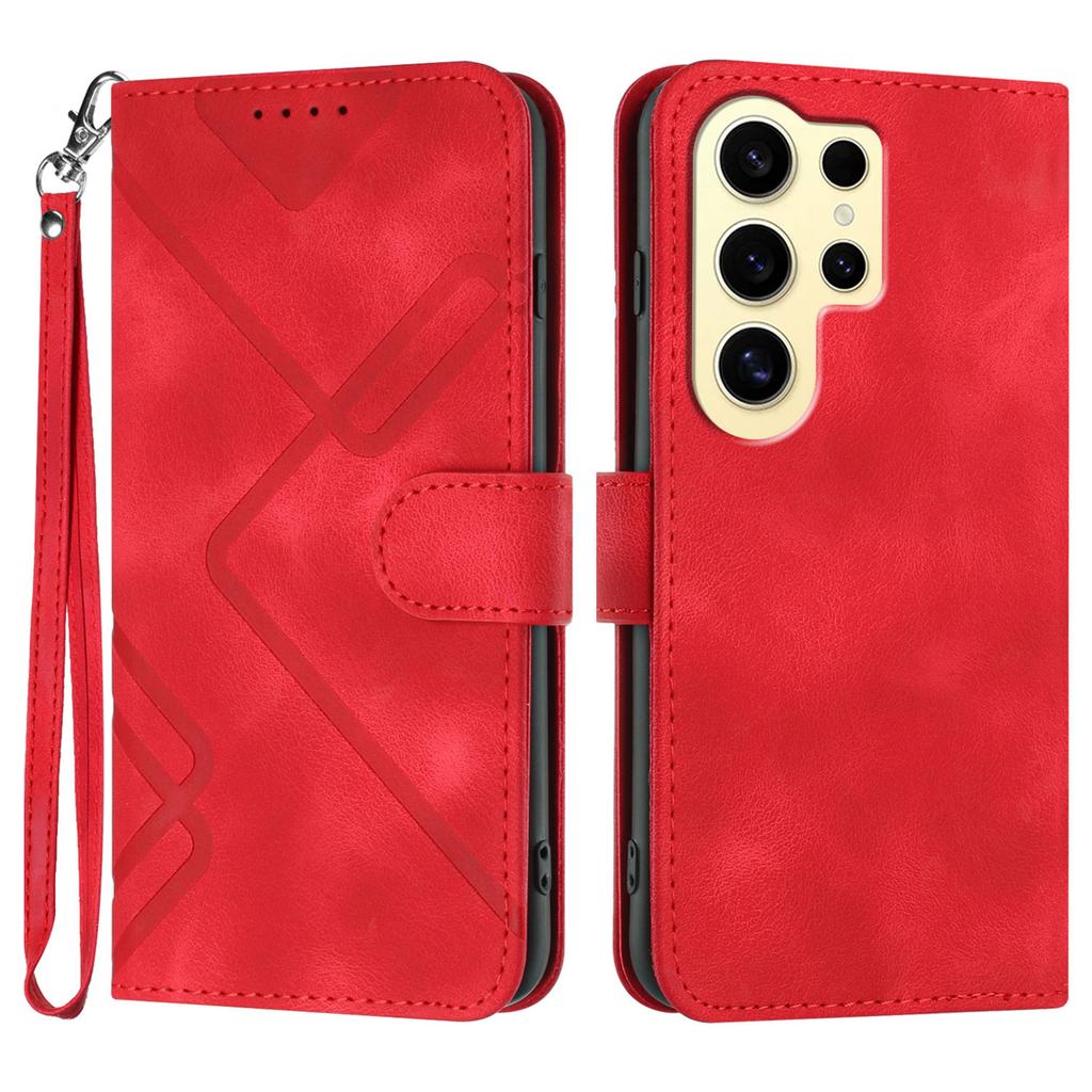 For Samsung Galaxy S24 Ultra Wallet Case Line Imprinted PU Leather Phone Cover with Strap